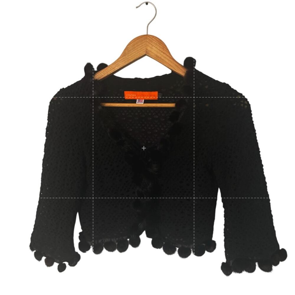 Cynthia Steffe Y2K Vintage Cardigan Silk Wool Blend Black Pom Pom Shrug Crop S